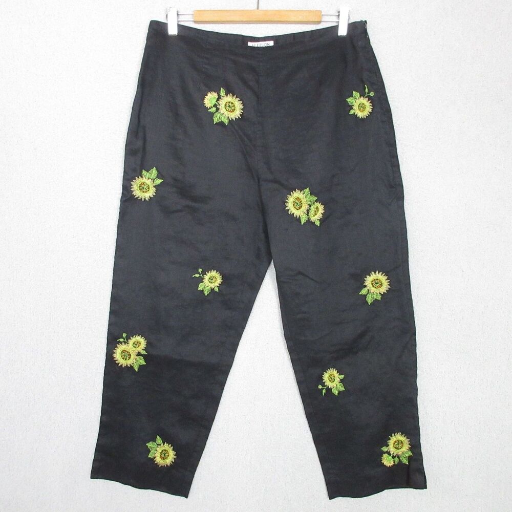 Allison Taylor Women's 12 Linen Cropped Pants Lined Embroidered Floral Black